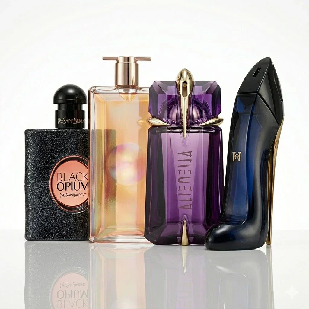 Set de 4 perfumes | YSL Black Opium, Lancôme Idôle, Mugler Alien, Carolina Herrera Good Girl.