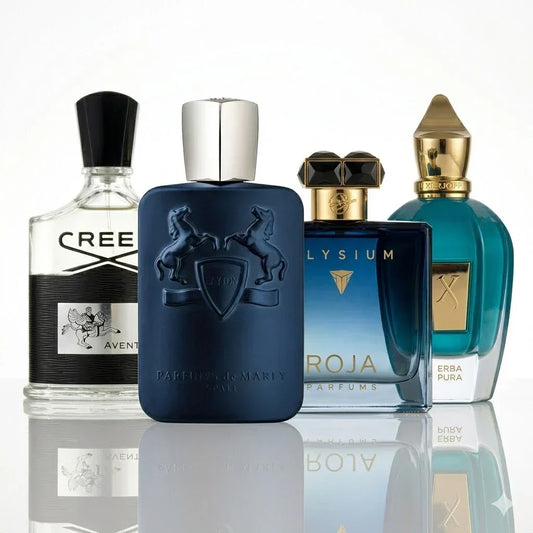 Set de 4 perfumes | Creed Aventus, Parfums de Marly Layton, Roja Elysium, Xerjoff Erba Pura.