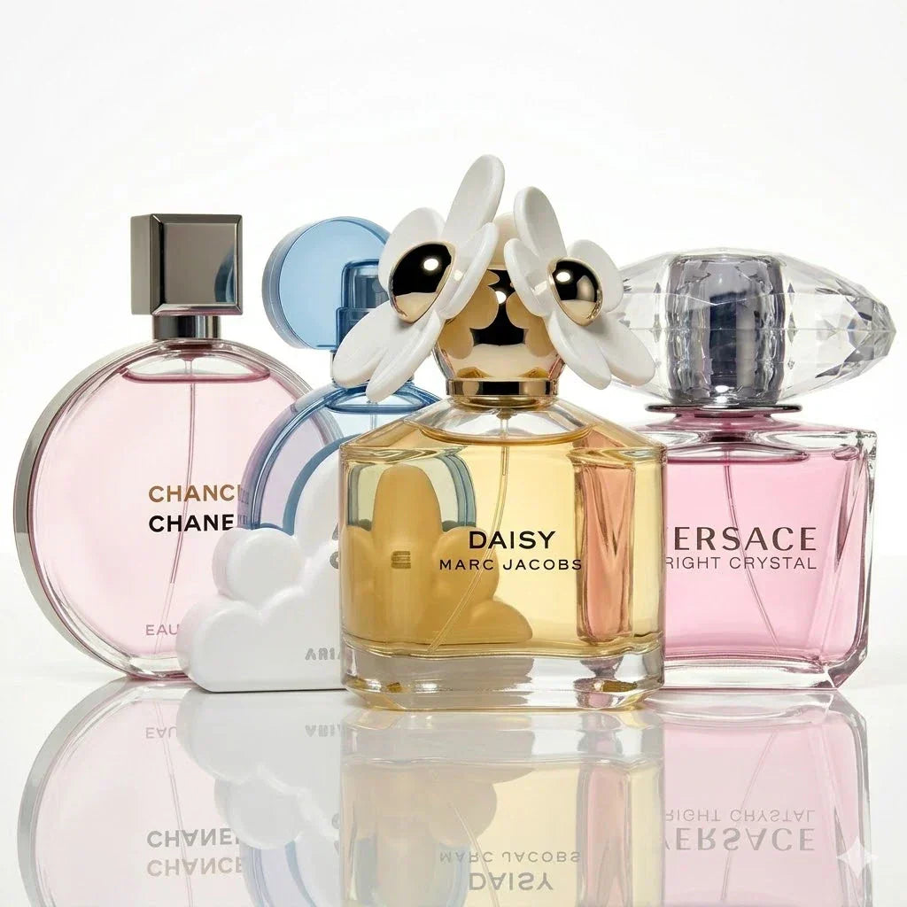 Set de 4 perfumes | Chanel Chance Eau Tendre, Ariana Grande Cloud, Marc Jacobs Daisy, Versace Bright Crystal.